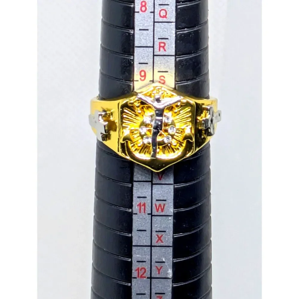 Men's NEW size 10 Jesus Cross CZ Gold & Silver 2 Tone Christian/Cross Ring